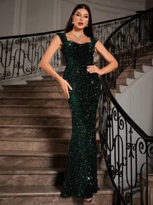 Zolique 女士甜心领口闪亮美人鱼连衣裙适合节日派对服装超长亮片女士服装 - 綠色 - 查看 4