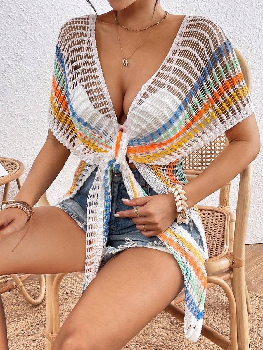 SHEIN Swim 女士夏季假期彩色條紋露肩長款寬鬆和服風遮盖衣 - 白色 - 查看 1