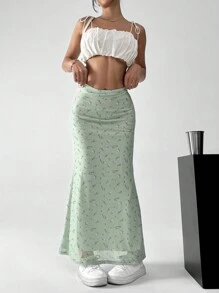 SHEIN EZwear Women's Holiday Ditsy Floral Mermaid Hem Skirt