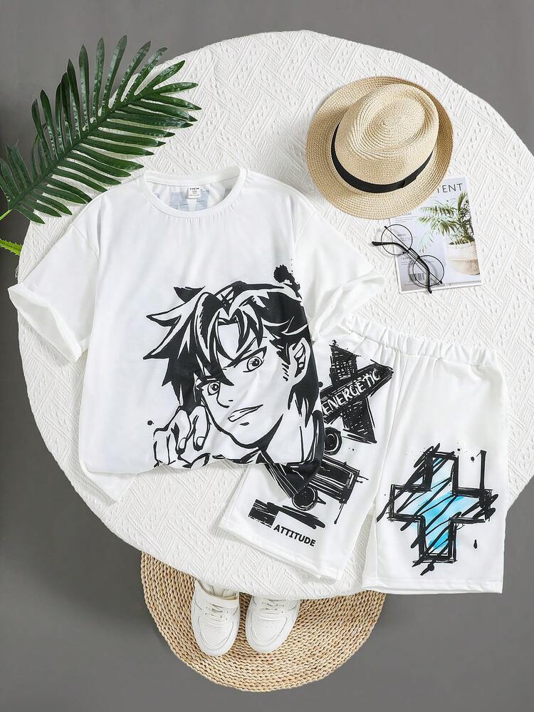 Tween Boys' Street Style Casual Cartoon Printed Short Sleeve T-Shirt And Knitted Shorts Outfit, Summer