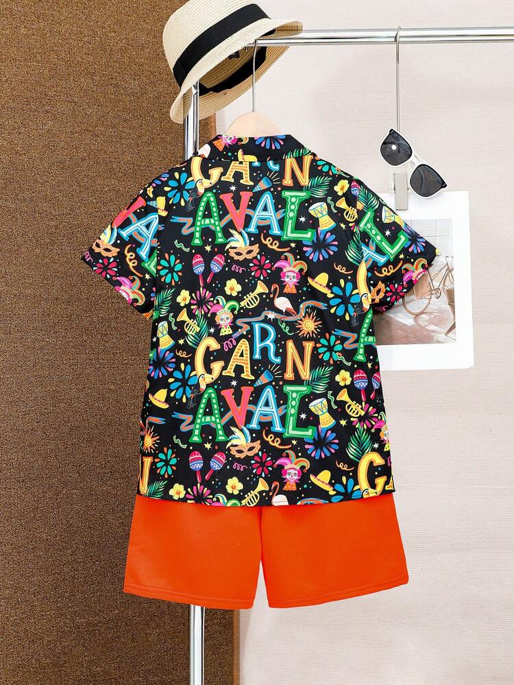 Boys' Casual Loose Short Sleeve Shirt With All-Over Letter Print And Solid Color Knitted Shorts Set, Holiday Style