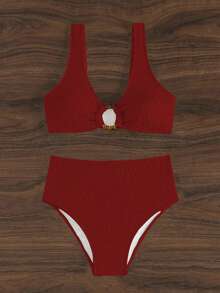 SHEIN Swim 女式純色圓環連接性感比基尼套裝，適用於度假 - 酒紅色 - 查看 3