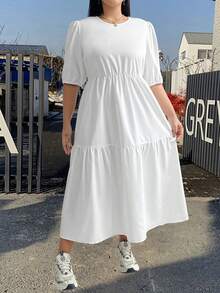 Flirla Plus Round Neck Short Sleeve Elastic Waist Water Drop Patchwork Dress - White - View 5