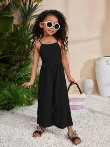 SHEIN Young Girl Spring/Summer Knit Solid Color Spaghetti Strap Jumpsuit For Holiday & Leisure
