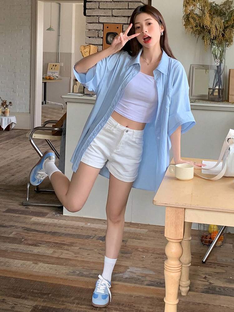 Women Spring And Summer Casual Solid Color Drop-Shoulder Loose Shirt