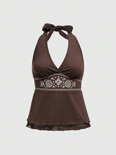 Top de tanque para mujeres con cuello halter, doble capa y dobladillo bordado con tótem hippie