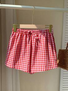 Comfortcana Women Red Plaid Woven Loose Casual Shorts