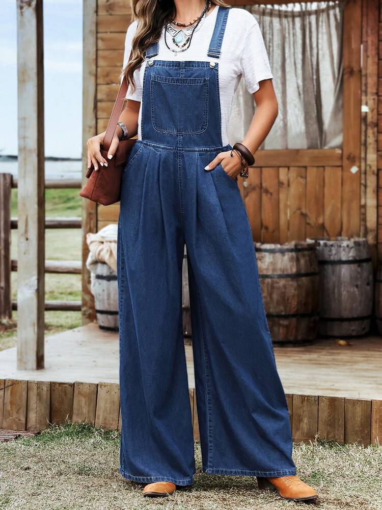 Ladies" Solid Color Simple Casual Denim Overalls
