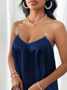 SHEIN Privé Rhinestone Strap Cami Dress, Summer Solid Party Dress - Navy Blue - View 5