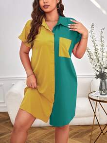SHEIN Essnce Damska koszulka plus size, luźny krój, blok kolorów, nietoperz, kieszeń z krótkim rękawem, koszula na co dzień, sukienka na lato - Wielokolorowe - Zobacz 3