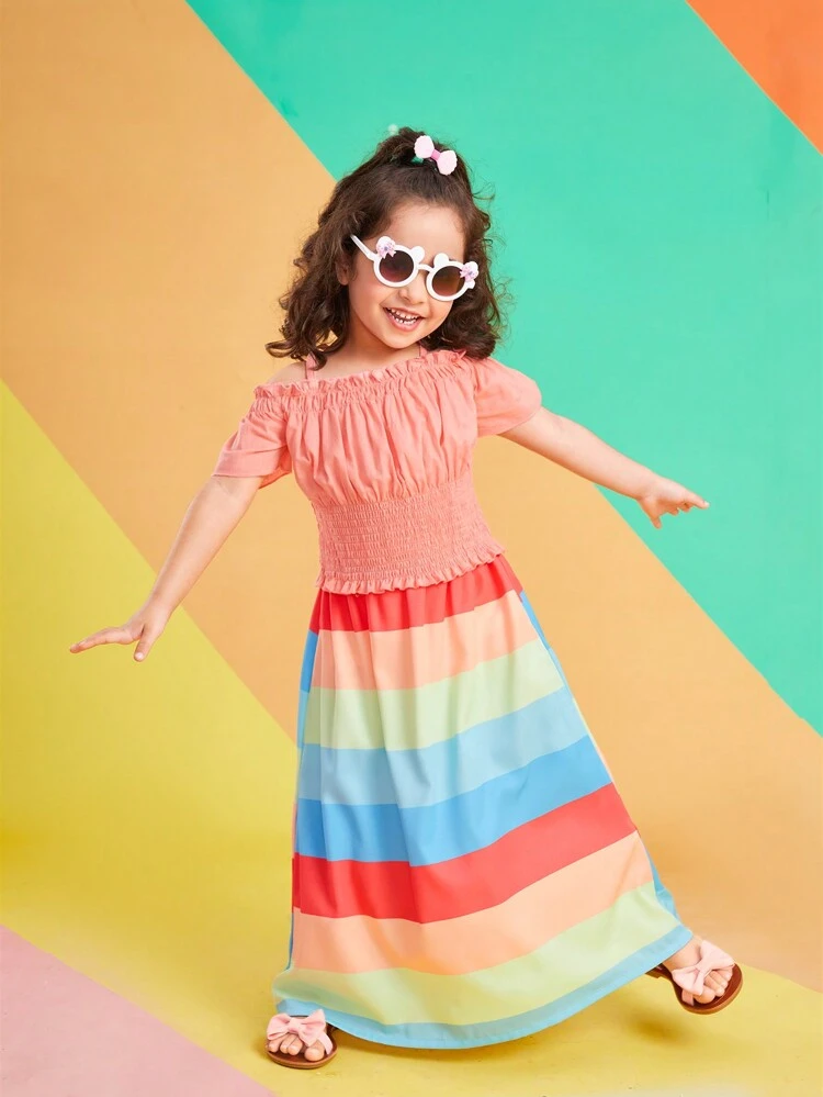 Young Girl Mexican Children Day Dopamine Pink Cold Shoulder Top And Colorful Striped Maxi Skirt Set For Summer