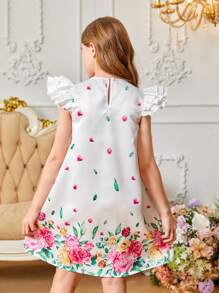 SHEIN Kleid mit kurzen Ärmeln aus bedrucktem Webstoff für Frühling und Sommer, süß und lieblich, für Mädchen im Tween-Alter - Weiss - Übersicht 6