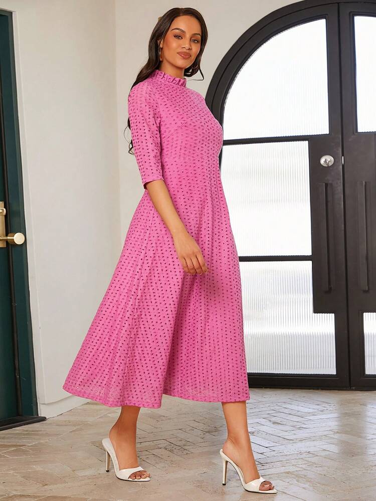 Women Fashion Polka Dot Printed Mid-Length Sleeve Dress