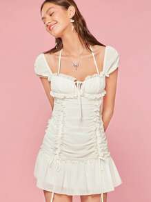 Enchnt Women Summer Sundress Short With Pleated Ruffles Heart-Shaped Neckline Hawaiian