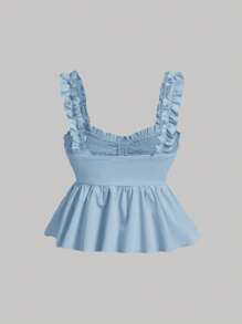 SHEIN MOD Camiseta Sin Mangas Informal De Primavera/verano Con Dobladillo Con Volantes Y Cuello Halter De Color Liso Para Mujer - Azul - Ver 2