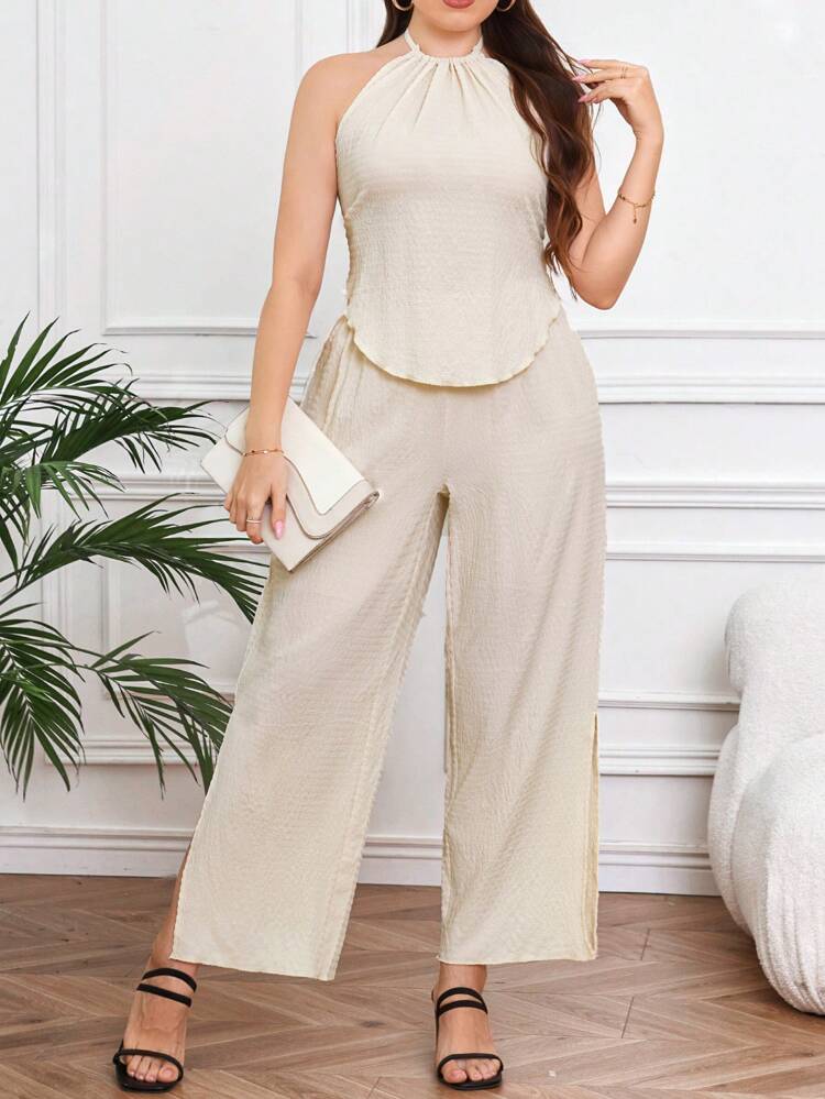 Plus Size Women Summer Solid Color Asymmetric Hem Halterneck Vest And Loose Wide Leg Pants Elegant Set