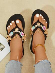 Dép xỏ ngón bằng kim cương giả dành cho nữ, Dây đeo đàn hồi hở ngón màu trơn, Giày lười, Dép đi biển thông thường - Nhiều màu - Xem 1