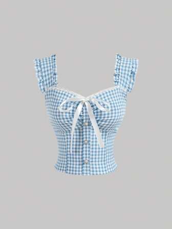 SHEIN MOD Chemisier sans manches plissé à carreaux bleus avec nœud papillon d'été, ourlet en dentelle à volants et bordure à volants