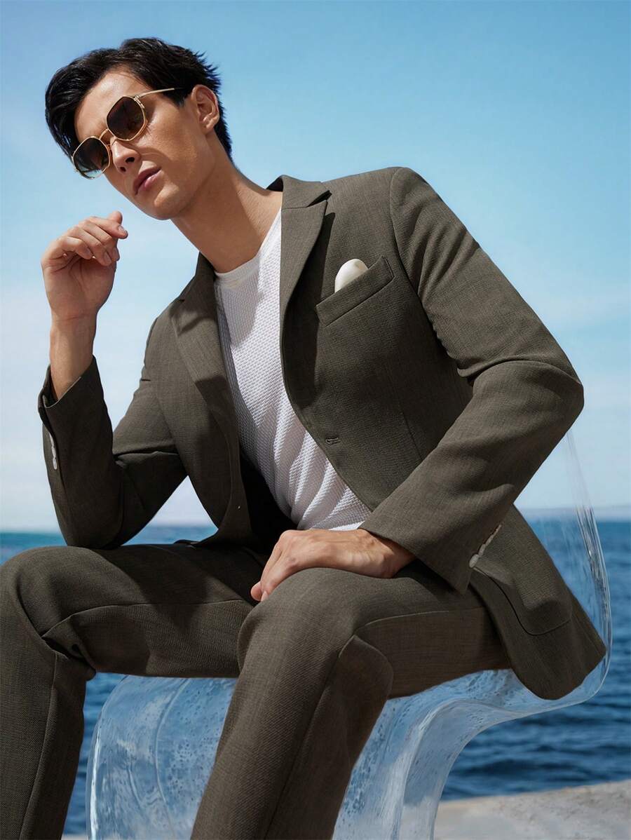 AKNOTIC Business Casual Easy Care Men Woven Business Blazer, For Fall Winter - Army Green - View 1