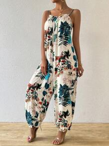 SHEIN Essnce 休閒女性夏季度假風格鬆身熱帶植物印花背心連身褲夏季布魯默斯連身褲夏威夷連身褲 - 彩色 - 查看 3