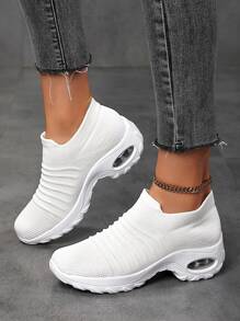 秋冬女式白色一脚蹬针织袜运动鞋，透气飞织步行鞋，厚底休闲运动鞋，适合户外 - 白色 - 查看 6