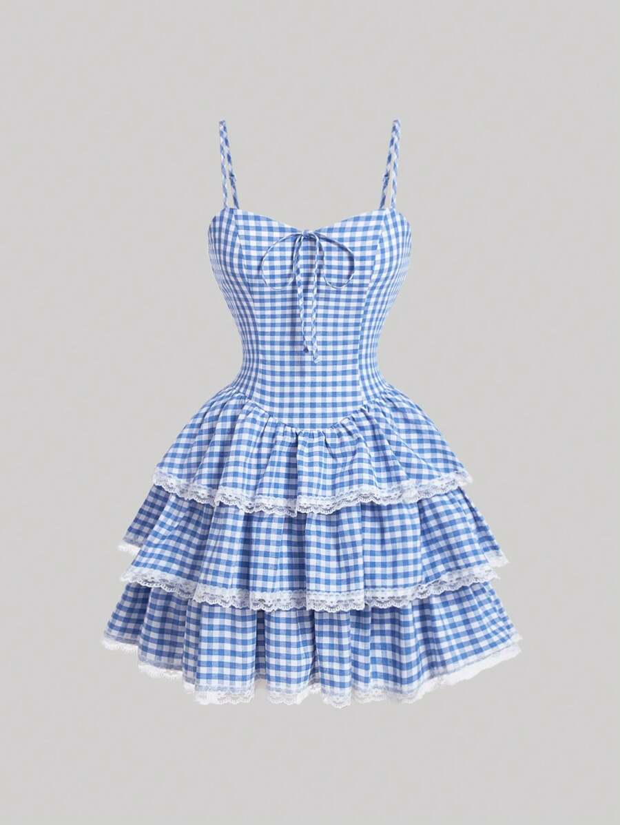 SHEIN MOD Vestido corto de tarta con cuadros vichy azul y blanco, ideal para primavera, playa o vacaciones en el campo - Azul y blanco - Ver 1