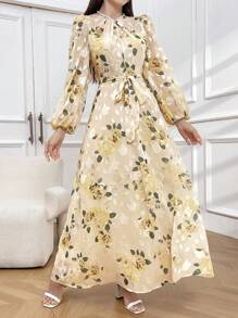 Modelyn 女士綁帶式摺紋燈籠袖阿拉伯假日連衣裙 - 杏色 - 查看 4