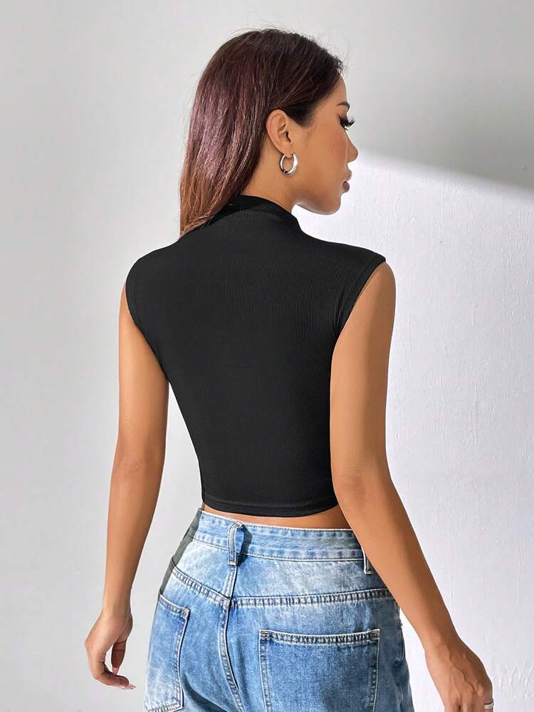 Women Summer Casual Solid Color Stand Collar Wide Strap Slim Cropped Tank Top
