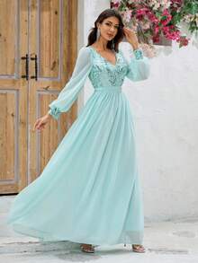 YISIKADO Women Ball Gown Dress V-Neck Printed Sparkly Snow Gauze Long Sleeve Tie Waist Sweet Style Dress - Mint Blue - View 5