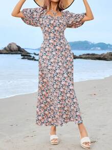 Mulvari Vestido árabe de manga abullonada con estampado floral completo para mujer