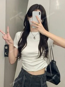 Casual Solid Color Cropped Pleated Short Sleeve T-Shirt, Summer