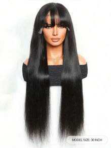 Transparent Lace Straight 13 X 4 Lace Front Wig With Bangs Real Human Hair Lace Frontal Closure Wig With Baby Hair Pre Plucked Natural Hairline Wig Natural Black Color - Natural Black - View 5