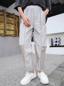 Pantalones casuales para jóvenes con cordón ajustable en la cintura y bolsillos en un unicolor - Gris - Ver 3