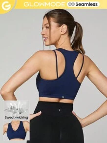 GLOWMODE Máy bơm liền mạch Nó có đường viền cổ chữ V Áo ngực thoáng khí Hỗ trợ ánh sáng Yoga tác động thấp hàng ngày - Màu xanh hải quân - Xem 1