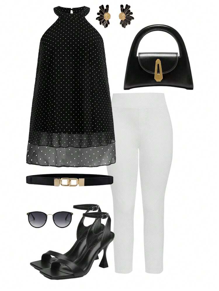 Plus Size Polka Dot Print Halter Neck Blouse