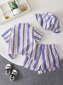 SHEIN Vintaside Kids Set di 3 pezzi per bambino, costituito da maglietta a manica corta e pantaloncini e cappello in tessuto a righe testurizzato per la moda della primavera e dell'estate