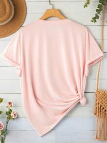 INAWLY Plus Size Peach Print Casual Daily Spring Summer Short Sleeve T-Shirt - Baby Pink - View 2