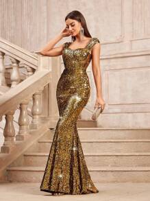 SHEIN Belle Vestido formal de gala de fiesta con corte estilo sirena de cintura alta y brillo para mujeres - Dorado - Ver 4