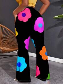 Slaydiva Plus Size Women Casual Floral Print Flare Pants, Stretchy, Suitable For Summer - White - View 2