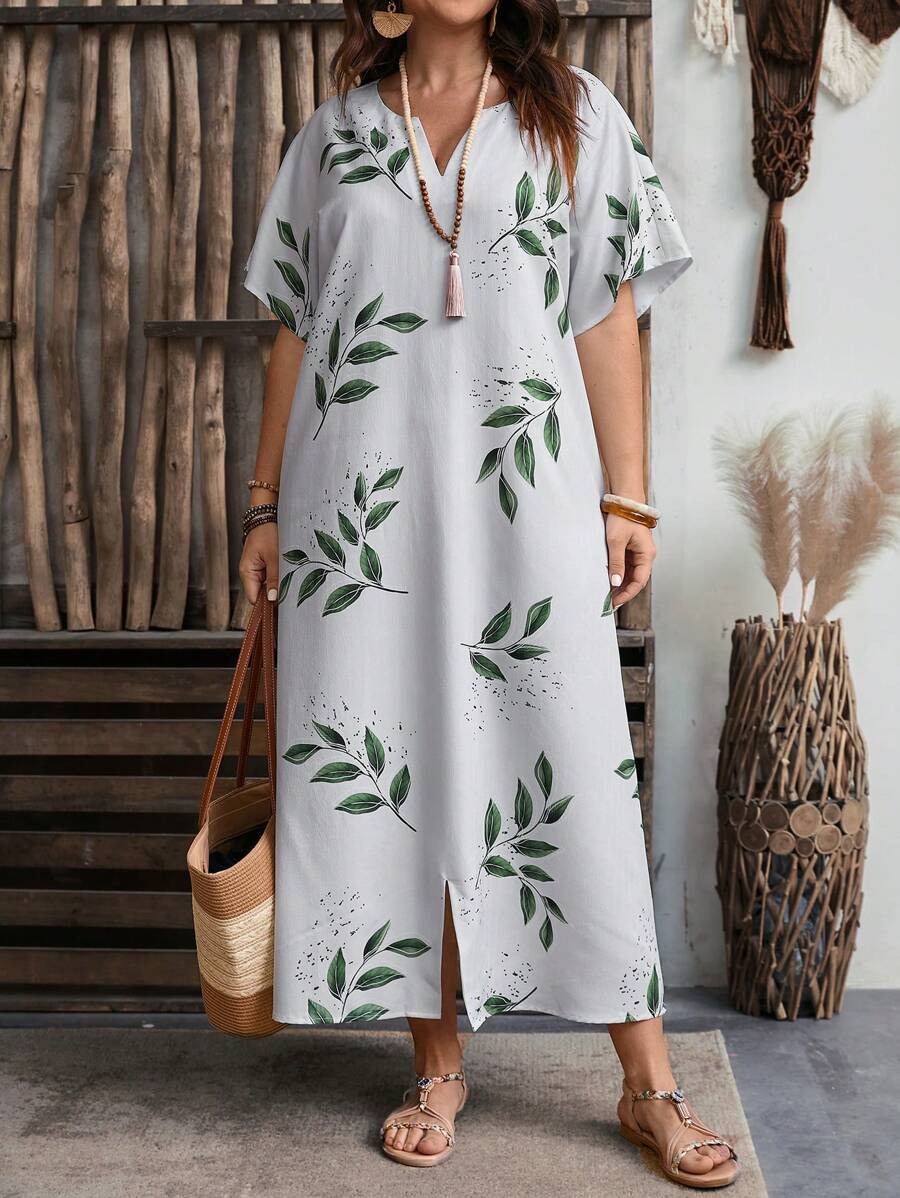 EMERY ROSE Plus Size Nữ Kỳ Nghỉ Hè & Thường Ngày Vật Có In Hình Đỉnh Cao Cổ Cánh Dơi Đầm Maxi Vải Lanh Có Khe Bên Hông - trắng - Xem 1