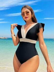 Swim Lushoire 夏季海灘女士彩色拼接撞色口袋袖連體泳衣，適用於海灘假期 - 黑色 - 查看 6