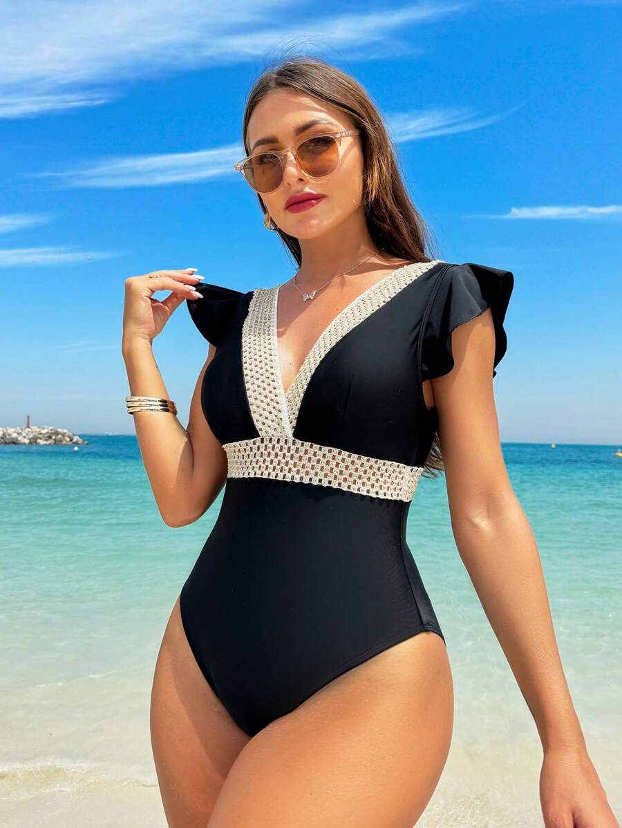 Swim Lushoire Summer Beach Women Color Block Contrast Trim Cap Sleeve One Piece Swimsuit For Beach Vacation