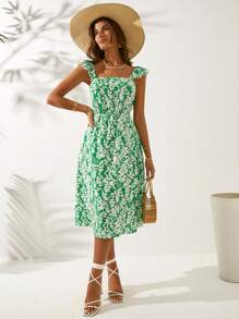 EURMUSE Women Square Neck Ruffle Sleeve Back Tie Midi Dress - Green - View 3