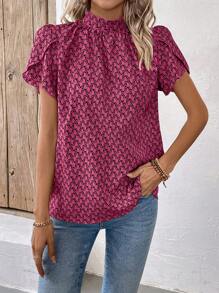 EMERY ROSE Women Fashion Stand Collar Printed Puff Sleeve Shirt - Hot Pink - View 4