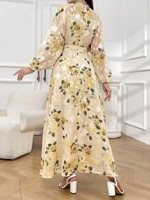 Modelyn 女士綁帶式摺紋燈籠袖阿拉伯假日連衣裙 - 杏色 - 查看 2