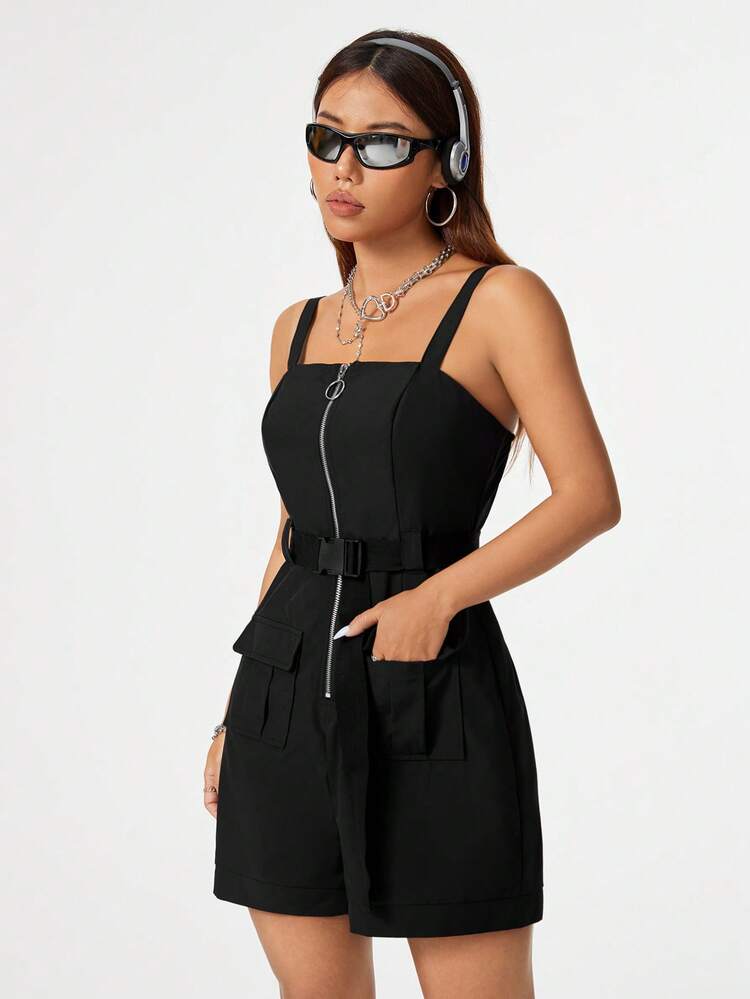 Black Multi-Pocket Heavy-Duty Work Wear Short Overalls With Braces