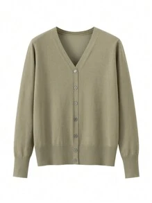 GIGOGOU Women's Solid Color Long Sleeve Single-Breasted Knit Cardigan, Suitable For Spring And Autumn - Khaki - View 6