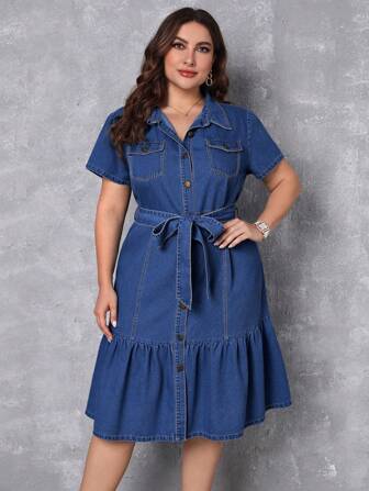 SHEIN Privé Plus Size Front Button Casual Denim Dress For Spring And Summer