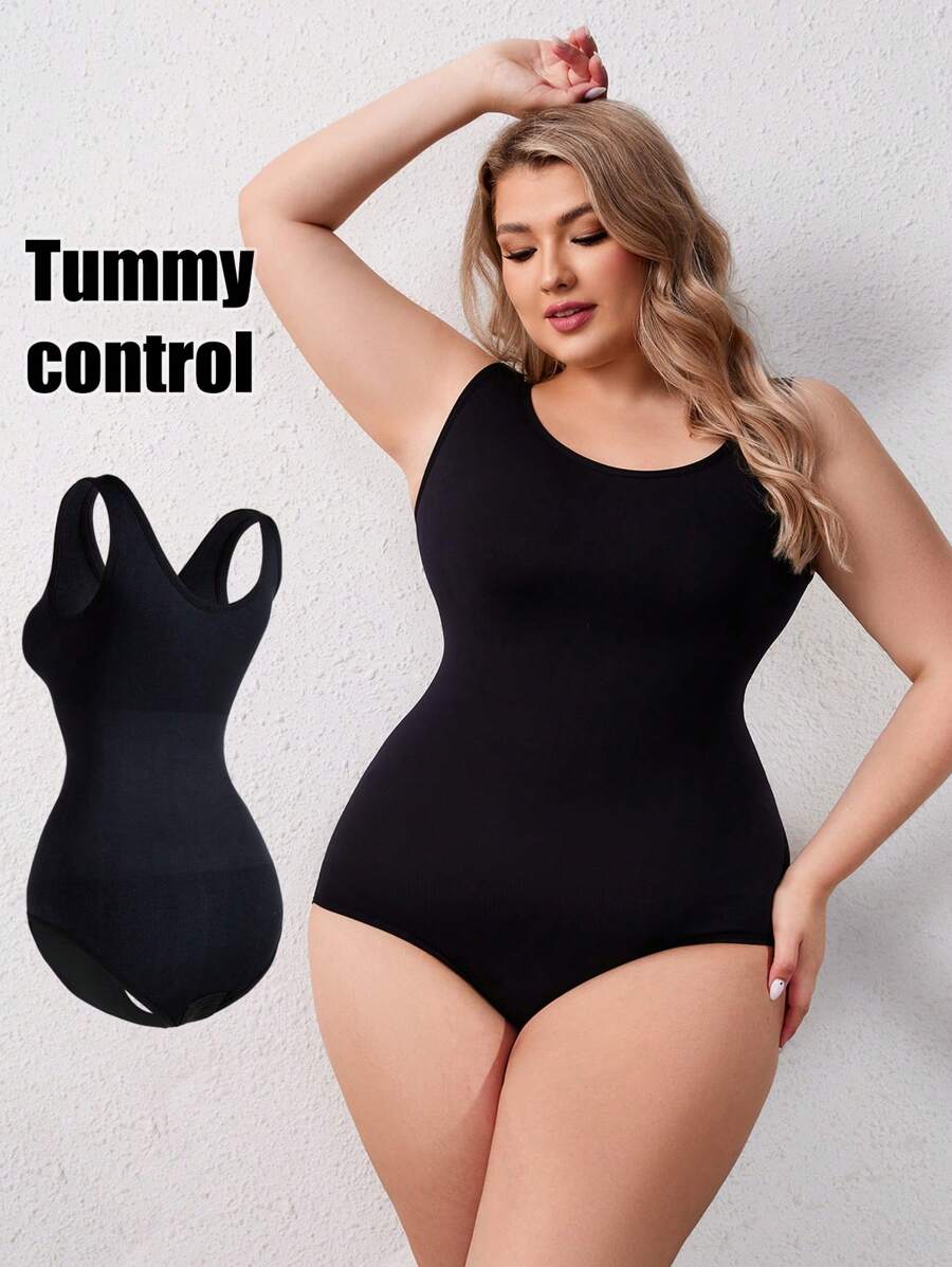 SHEIN Plus Size Women Solid Color Simple Tank Body Shaper Bodysuit - Black - View 1