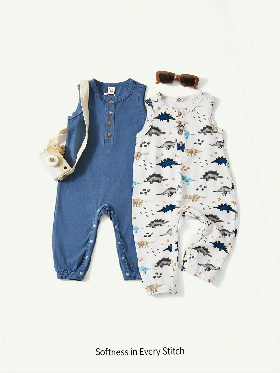 Cozy Pixies Conjunto de 2 peças: Macacão de Bebê Menino, Cor Sólida com Estampa de Dinossauro, Gola Redonda e Sem Mangas - Azul - Visão 1